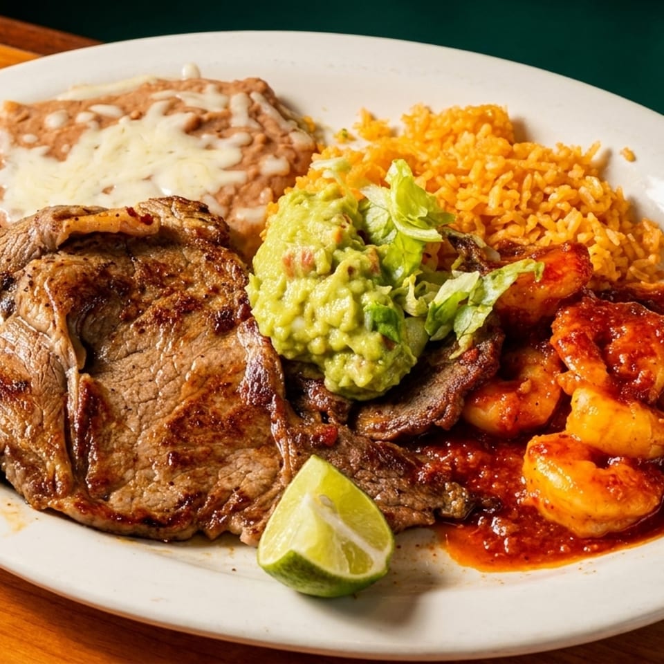 Grilled steak, shrimp in red sauce, rice, refried beans, guacamole, and a lime wedge on a white plate.