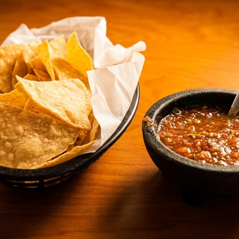 A basket of tortilla chips and a molcajete bowl of salsa with a spoon on a wooden table.